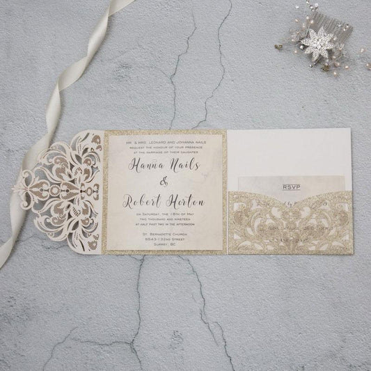 glitter laser cut wedding invitation