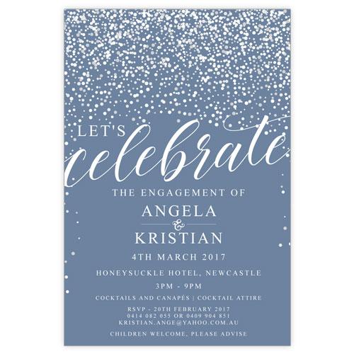 blue engagement invitation with white confetti