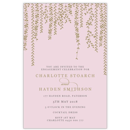 blush pink and gold hanging vine engagement invitation