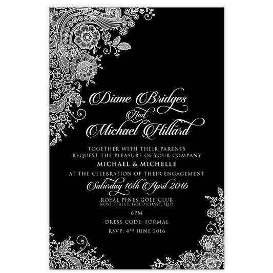 black and white lace engagement invitation