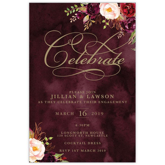 Marsala and gold coloured water colour flower bouquet engagement card